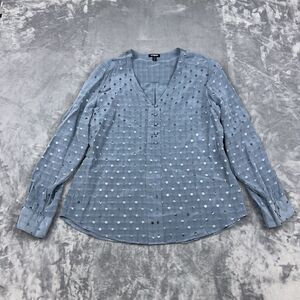 Express Top Womens Size Large Blue Polka Dot Roll Tab Sleeve Blouse